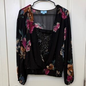 CeCe Black Floral Sequin Blouse
